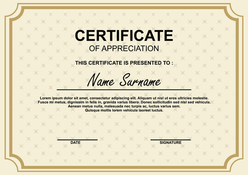 Elegant certificate of appreciation template with a classic design. Suitable for recognition, awards, or completion. Customizable with name, date, and signature fields.