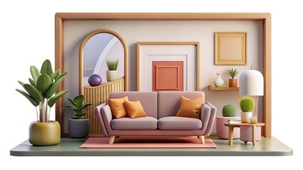 Stylish Mid Century Modern Living Room Design Inspiration with Pink Sofa and Green Plants