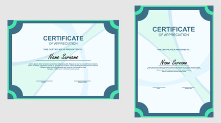 Certificate of Appreciation template in two sizes with modern green design elements, for recognition and achievement.