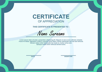 Modern certificate of appreciation template with teal borders and abstract background. Includes space for name, date, and signature. Perfect for customizable awards.