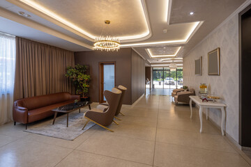 Modern hotel lobby interior with stylish seating