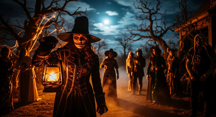 Obraz premium Halloween night: a witch with a lantern leads a group in costume