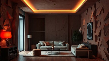 Contemporary Living Room Design with Textured Walls and Ambient Lighting