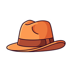 A stylish orange fedora hat with a brown band, illustrated in a simple, cartoonish style.
