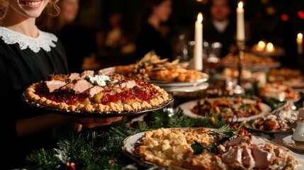 Festive holiday dinner with decorative pies and caucasian female in focus. National Mincemeat Day