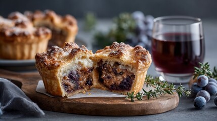 Delicious blueberry pastries on wooden board with red wine glass and fresh herbs. National Mincemeat Day