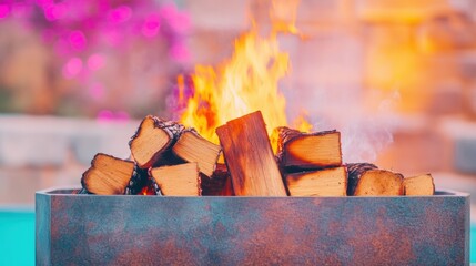 Warm firewood stacked for a cozy evening gathering near vibrant flowers