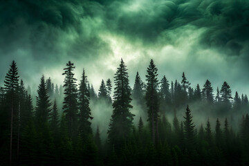 Dark green forest at night with fog and clouds