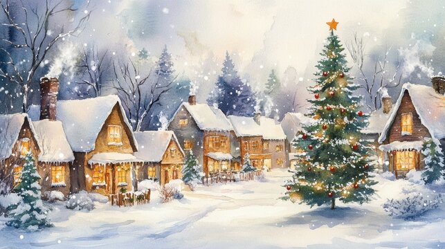 Cozy snowy village with decorated christmas tree under falling snowflakes