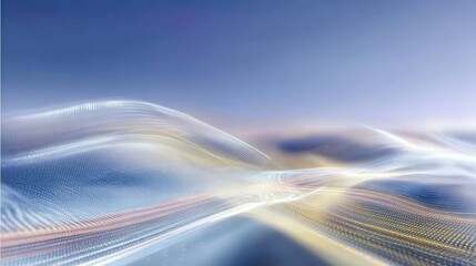 Flowing digital particles forming undulating landscape against blue backdrop, representing technological innovation with futuristic visual dynamics