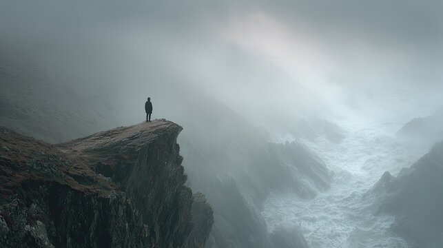 A solitary figure stands on a craggy cliff overlooking a misty, turbulent valley - Powered by Adobe