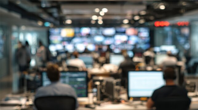 Journalists collaborating intensely, surrounded by multiple monitors streaming live news feeds, capturing dynamic workflow inside contemporary media operations center