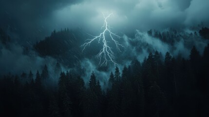 A dramatic scene of lightning striking amidst dark, moody clouds over dense forests, creating a powerful and atmospheric landscape.