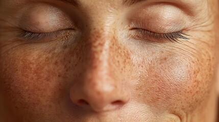 Mature woman closing eyes, revealing ephelides and wrinkles, representing natural aging process and authentic skin texture with confidence