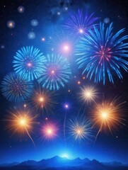 Naklejka premium Dark blue night sky with fireworks exploding in all directions above