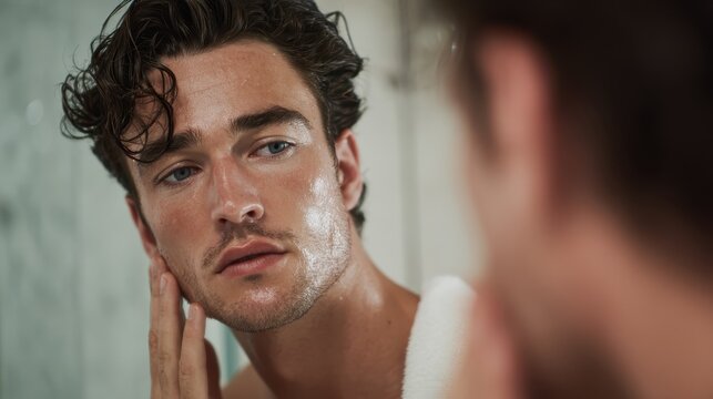 Male grooming routine, professional skincare, applying moisturizer after shower, looking into bathroom mirror with confident expression