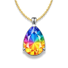 Rainbow gemstone pendant necklace with gold chain, pear-shaped, vibrant colors.