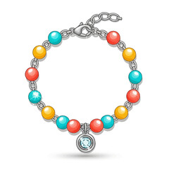 Colorful beaded bracelet with a silver clasp and charm.