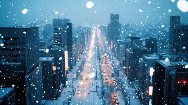 A snowy cityscape featuring tall buildings and a busy street illuminated by traffic lights, creating a serene winter atmosphere. - Powered by Adobe