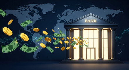 Global banking and finance concept with money flowing into bank buildings worldwide