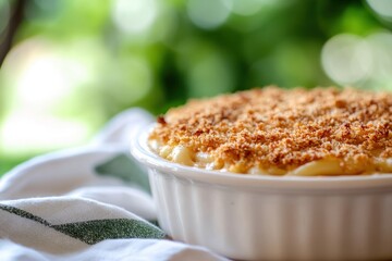 Creamy Baked Macaroni and Cheese with Golden Crust in Natural Light