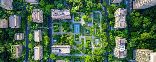 Aerial view of a cityscape featuring lush green parks surrounded by modern buildings, showcasing urban nature integration.