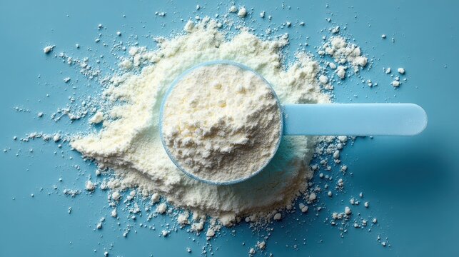 Protein powder measuring scoop lying on white powder heap, showcasing pale blue color scheme with clean nutrition focused composition