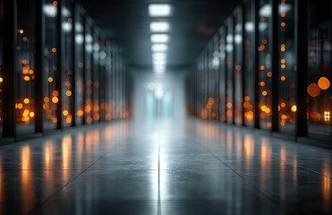 Server rack aisle, modern data center.  Bright lights reflect on polished floor.  Deep perspective.  Darkened walls, glass panels.  Warm orange-toned lights in background