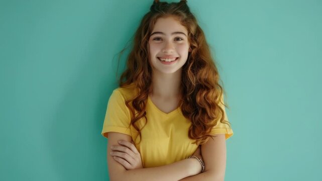 A young girl with long red hair stands in front of a blue wall, great for use as a profile picture or illustration