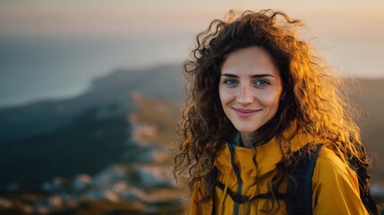 Curly haired hiker wearing bright yellow jacket standing on mountain trail, enjoying golden sunset light with wide smile, radiating outdoor enthusiasm