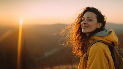 Curly haired hiker standing on mountain peak, wearing bright yellow jacket and smiling, capturing golden sunset landscape with panoramic wilderness view