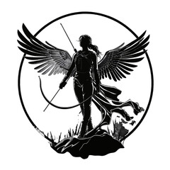 Black silhouette, tattoo of a woman with wings in a circle on white background. Vector.