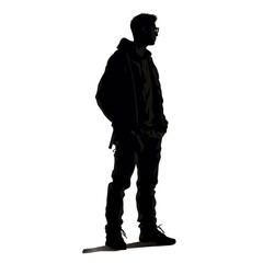 Black silhouette, tattoo of a man in a jacket on white background. Vector.