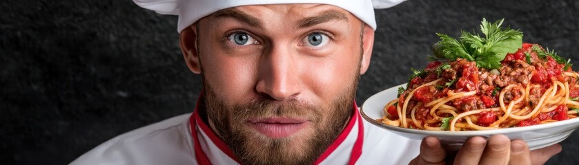 Fototapeta premium Chef presenting a delicious plate of spaghetti with sauce.