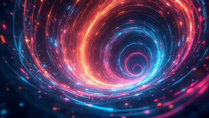 Abstract spiral of vibrant glowing lines and particles