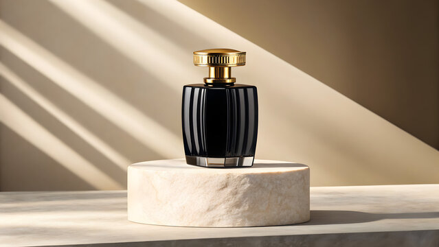 Dark perfume bottle with golden cap on stone base, dramatic lighting