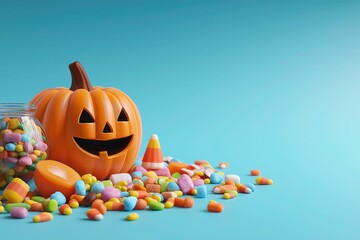 Cartoon-Style 3D Render of Halloween Pumpkin with Carved Smile and Candy on Blue Background for Party Decorations, Festive Concept
