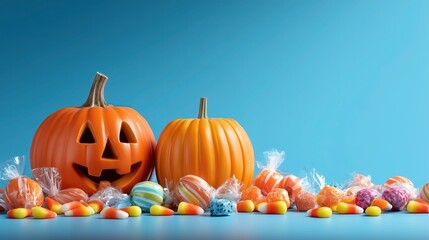 Halloween Festive Arrangement: Blue Background with Pumpkins and Assorted Candy, High Quality