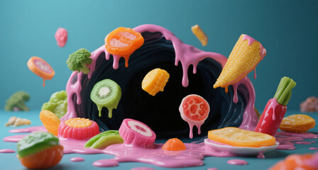 Surreal still life of artificially perfect food melting into darkness, symbolizing modern dietary contradictions.