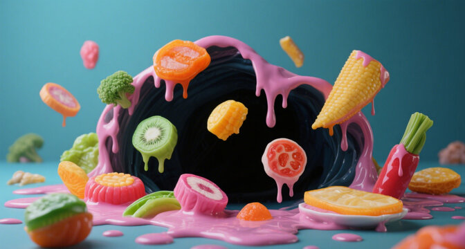 Surreal still life of artificially perfect food melting into darkness, symbolizing modern dietary contradictions.