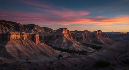 Majestic Eroded Canyon Landscape at Sunset with Colorful Sky and Dramatic Clouds