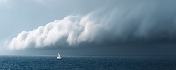 A lone sailboat confronts an approaching storm at sea. Calm vs danger concept. Dramatic, moody, and scenic. Perfect for themes of resilience, challenge, or natures power. © SolaruS