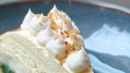 White sesame on pandanus pudding with coconut cream tart.