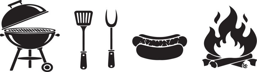 Fototapeta premium Illustration of a barbecue grill with tools food and burning fire