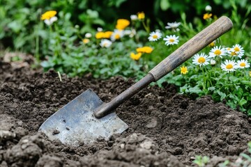 Gardening Tool Shovel in Soil Among Colorful Flowers Outdoors