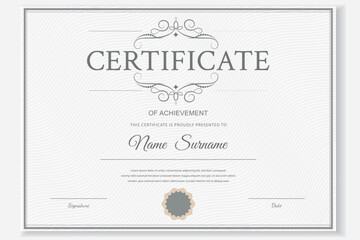 Elegant certificate template with ornate details. Gray and white and minimalist design, customizable vector for awards.
