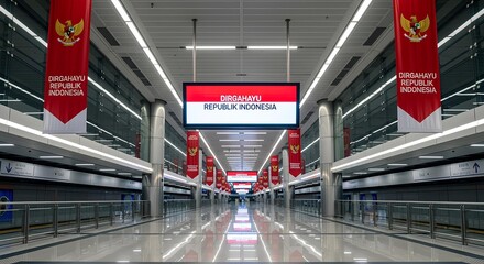 Modern and empty subway station in Jakarta professionally decorated for the Indonesian Independence Day celebration.
