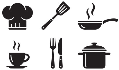 A collection of kitchen related icons including a chef hat, spatula, pan, cup, fork, and pot