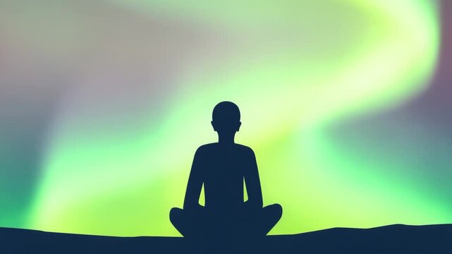peaceful mediating person on aurora borealis sky background illustrated animation