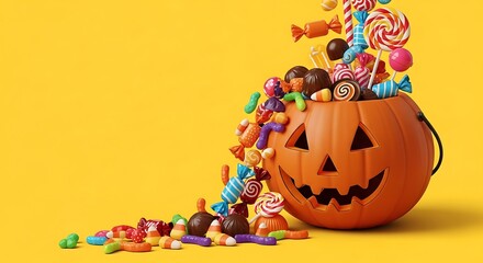 A pumpkin bucket overflowing with halloween candy against a solid yellow colored background studio shot